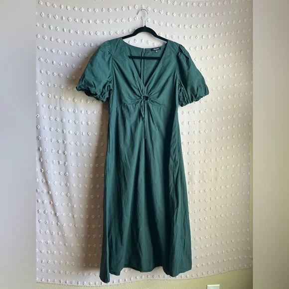 Madewell Poplin Cut-Out Puff Sleeve Midi Dress Sz 10 Dark Palm Green Madewell Poplin Cut-Out Puff Sleeve Midi Dress Sz 10 Dark Palm Green